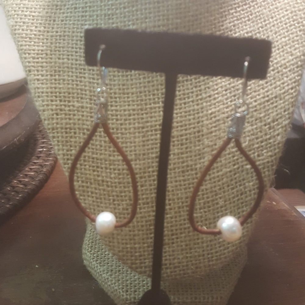 Genuine Leather & Pearl Earrings